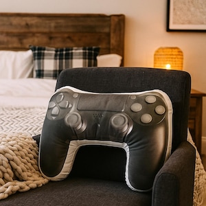 May include: A black and white controller-shaped pillow with white trim rests on a dark gray armchair. The pillow features detailed buttons, directional pads, and joysticks, resembling a gaming console controller. The pillow is a decorative item.