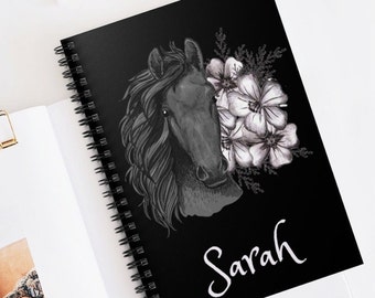 Horse Notebook Personalized Gift Custom Name Equestrian Journal Gift for Horse Owners Sketched Flowers Drawn Rider Farm Life Gift for Her