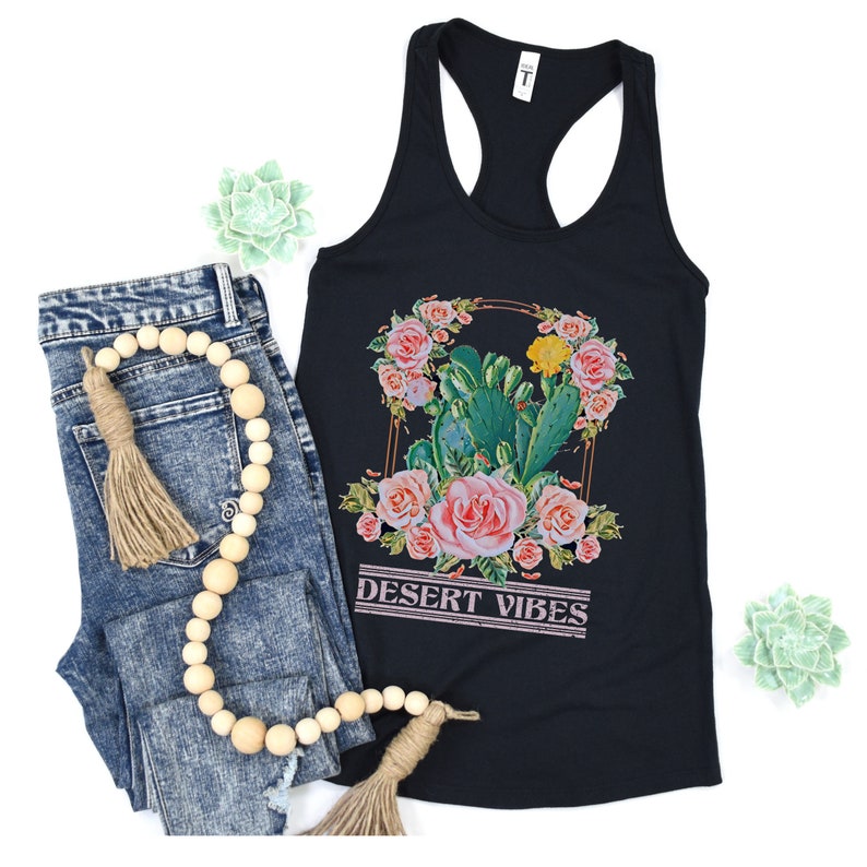 Boho Tank Top Womens Floral Desert Cactus Tanks Hiking Shirt Outdoors Shirts Bohemian Western Pink Summer Tops for Women Arizona Desert Vibe Solid Black