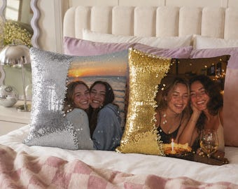 Custom Photo Sequin Pillow Case: Reversible Personalized Home Decor Gift