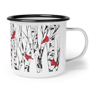 Cardinal Birch Tree Enamel Coffee Mug Campfire Mug Home Decor Bird Lover Gift Camping Style Mugs 12 Ounce Cup Red Birds Unique Gifts image 5