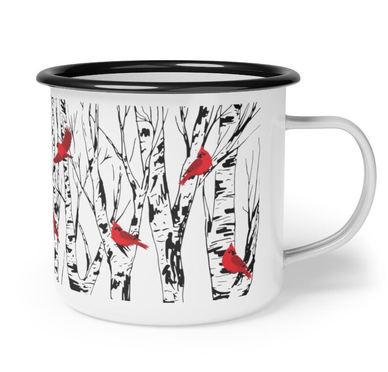 Cardinal Birch Tree Enamel Coffee Mug Campfire Mug Home Decor Bird Lover Gift Camping Style Mugs 12 Ounce Cup Red Birds Unique Gifts image 5