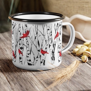 Cardinal Birch Tree Enamel Coffee Mug Campfire Mug Home Decor Bird Lover Gift Camping Style Mugs 12 Ounce Cup Red Birds Unique Gifts image 1