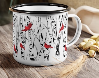 Cardinal Birch Tree Enamel Coffee Mug Campfire Mug Home Decor Bird Lover Gift Camping Style Mugs 12 Ounce Cup Red Birds Unique Gifts