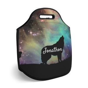 Personalized Wolf Neoprene Lunch Bag Boys School Supplies Boys Reusable Lunch Bag Gift for Him Wolf Lover Gift Name Gifts Nature image 1