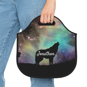 Personalized Wolf Neoprene Lunch Bag Boys School Supplies Boys Reusable Lunch Bag Gift for Him Wolf Lover Gift Name Gifts Nature 14" × 14''