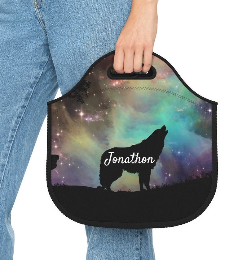 Personalized Wolf Neoprene Lunch Bag Boys School Supplies Boys Reusable Lunch Bag Gift for Him Wolf Lover Gift Name Gifts Nature 14" × 14''