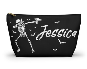 Personalized Halloween Hair Stylist Makeup Bag Custom Name Accessory Poutch Hairstylist Gift Barber Bags Beautician Reusable Skeleton Dab