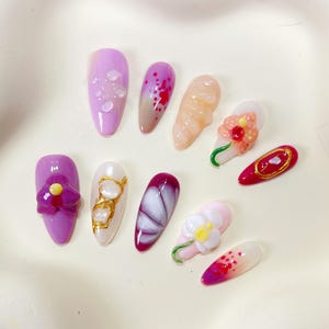 PO094 purple orchid flower almond press on nails, flower nails, purple nails, flower nail art,  art nails, trendy nails, floral nail art