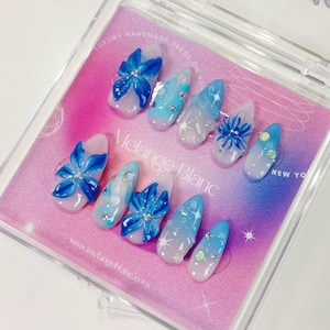 3D blue flower press on nails, ombre nails, flower nails, 3d nails, blue nails, almond nails, fake nails, cute nails, summer nails, PO051