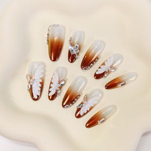 Rhinestone Butterfly Ombre Press On Nails: 3D Chrome Crystal Oval Nail