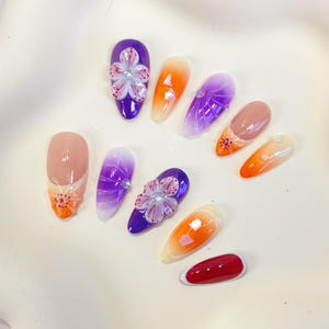 PO087 purple flower almond press on nails,  flower nails, purple flower nails, aurora nails, ombre nails, trendy nails, floral nail art