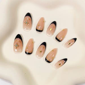 Black french gold star press on nails, french nails, black french nails, gold star nails, bling nails, glitter nails, almond nails, PO066