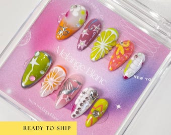 Y2K star Press On Nails, y2k Nails, butterfly nails, chrome nails, ombre nails, fruit nails, gyaru nails, green nails, cute nails, PO080