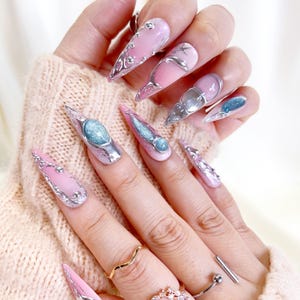 Pink 3D chrome long press on nails, 3d chrome nails, pink nails, gothic nails, y2k nails, stiletto press on nails, long nails, 3d nail PO108