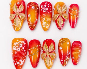 Orange Flower Press On Nails, flower Nails, hibiscus flower nails, orange nails, ombre nails, tropical nails, aura nails, long nails, PO074