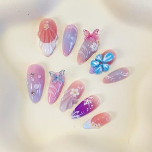 PO075  butterfly flower almond press on nails,  flower nails, purple flower nails, butterfly nails, flower garden nails, colorful nail