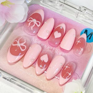 Pink bow heart press on nails, french nail, almond nail, heart nail, pink french nails, cute nails, bow nail, heart nail, pink nails, PO012