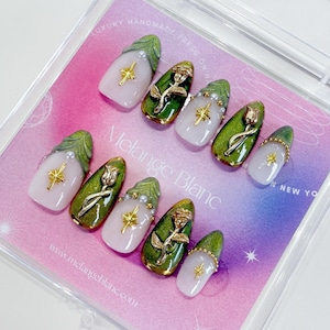 Green Cat Eye Chrome Press On Nails: 3D Flower Almond Nails