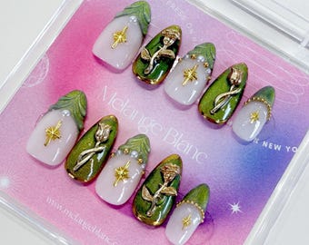 Green Cat Eye flower Press On Nails, flower Nails, cat eye nails, french tips nails, green nails, short nail, square nails, PO111