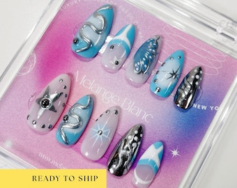 Blue Y2K chrome Press On Nails, y2k Nails, chrome nails, blue nails, goth nails, almond nails, RTS PO059