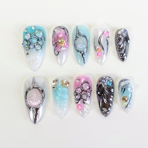 Y2K Chrome Press On Nails: 3D Almond Blue Gothic Style