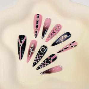 Pink black gothic press on nails, long stiletto nails, pink nails, long nails, Y2K nails, gothic nails, ombre nails, abstract nails, PO036
