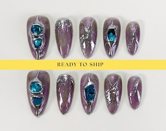 Purple Y2K Gothic Press on Nails, goth nails, gothic nails, chrome nails, cat eye nails, y2k nails, purple nails, almond nails, RTS PO100