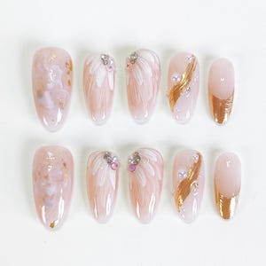 Pink flower oval press on nails, flower nails, chrome nails, oval nails, round nails, floral nails, handmade nails, fake nails, PO130