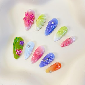 PO076  flower almond press on nails, flower garden nails, colorful nails, butterfly nails, flower nails, aurora nails, ombre nails, almond