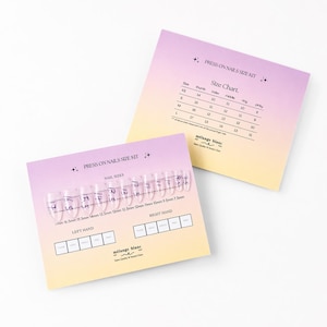 May include: A press-on nail size kit with a size chart. The kit includes a card with clear press-on nails in various sizes, ranging from 7.5mm to 16.5mm. The size chart lists sizes for thumb, index, middle, ring, and pinky fingers.