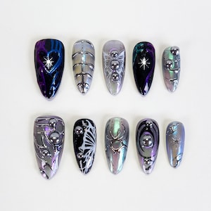 Y2K 3d chrome press on nails, y2k nail, gothic nails, almond nails, silver nails, 3d nails, butterfly nail, chrome nail, gothic nails, PO117