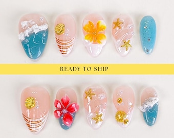 Ocean beach short almond press on nails, beach nails, ocean nails, flower nails, seashell nails, beach nails, short nails, RTS PO143