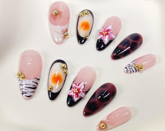 Fall flower Press On Nails, fall nails, autumn nails, brown nails, square nails, almond nails, french tips nails, short nails, PO095