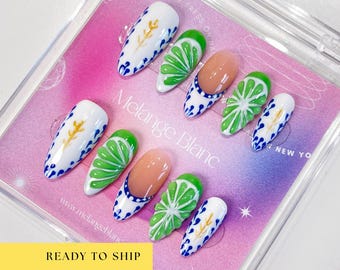 Green Fruit Press On Nails, fruit nails, green nails, flower nails, cute nails, kawaii nails, almond nails, fake nails, gel nails, PO072