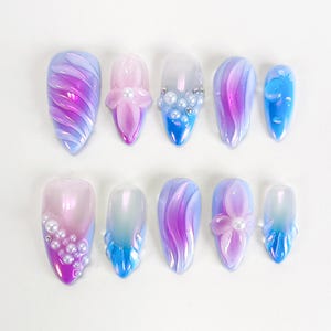 Blue & purple flower ombre Press On Nails, flower Nails, ombre nails, chrome nails, pearl nails, blue nails, purple nails, PO126