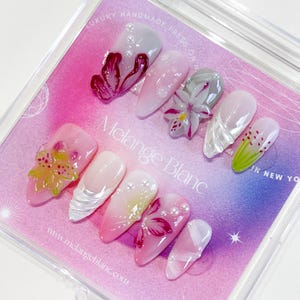 Fairycore 3D flower press on nails, flower nails, fake nails, summer nails, almond nails, pink nail, 3d nail, cute nail, coquette nail PO107