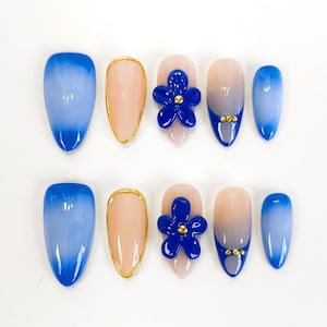 3d blue flower press on nails, 3d nails, chrome nails, ombre nails, blue nails, press on nail, flower nail, almond nail, gift for her, PO048