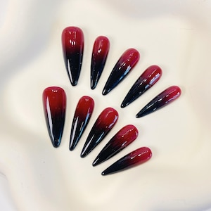 Black red ombre stiletto press on nail, ombre nails, stiletto nails, red nails, black nails, gothic nail, halloween nail, long nail, PO071
