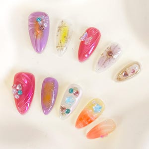 PO114 3d abstract press on nails, 3d nails, gel nails, flower nails, glitter nails, cute nails, y2k nails, almond nails, star nails