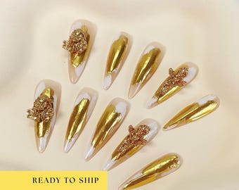 Faux ongles chromés dorés, ongles chromés, ongles stilettos, ongles gothiques, longs ongles stilettos, faux ongles 3D, RTS PO025