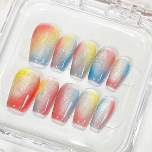 Rainbow cat eye coffin press on nails, rainbow nails, cat eye nails, fake nails, coffin nails, ombre nails, short nail, reusable nail, PO009
