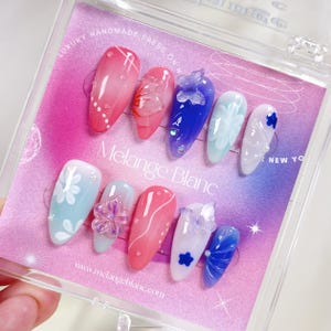 PO089  butterfly flower almond press on nails,  flower nails, pink flower nails, butterfly nails, flower garden nails, colorful nails