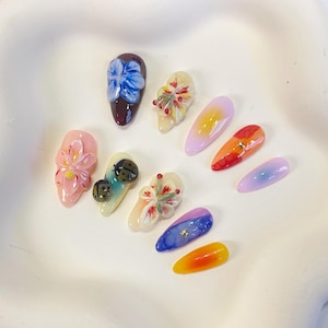 PO082  flower almond press on nails, flower garden nails, colorful nails, butterfly nails, flower nails, cute nails, ladybug nails, gift