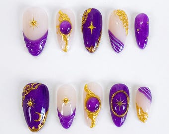 Purple cat eye chrome press on nails, cat eye nails, purple nails, short nails, french tips nails, y2k nails, almond nails, PO137