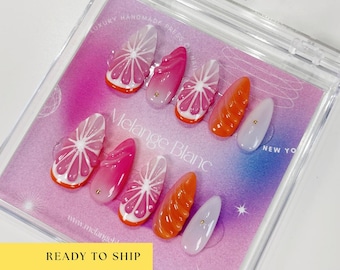 Orange Fruit Press On Nails, fruit Nails, Citrus Nail Art, ombre nails, pink nails, orange nails, almond nails,  RTS PO052