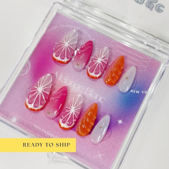 Orange Fruit Press On Nails, fruit Nails, Citrus Nail Art, ombre nails, pink nails, orange nails, almond nails, cute nails, 3d nails, PO052