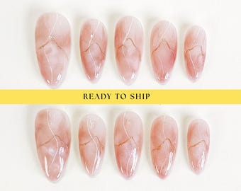 Pink Marble Chrome Press On Nails, marble Nails, blush nails, pink press on nails, almond nails, fake nails, cute nails, PO132