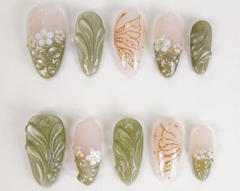 Green cat eye flower press on nails, flower nails, cat eye nails, butterfly nails, almond nails, green nail, short nails, square nail, PO151