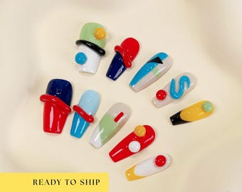 Colorful Geometric Press On Nails, geometric nails, 3d nails, art nails, kawaii nails, y2k nails, fake nails, coffin nails, PO019